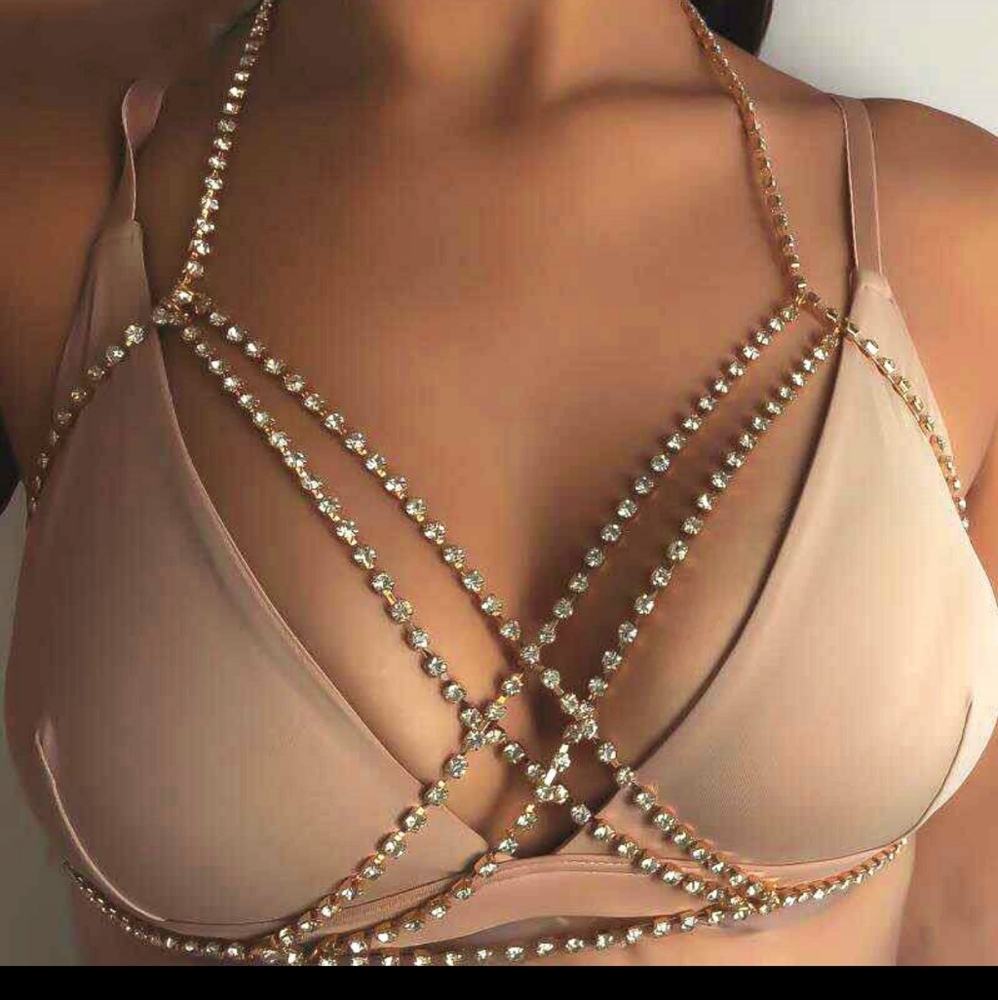 Gold Rhinestone Double Cross Body Chain